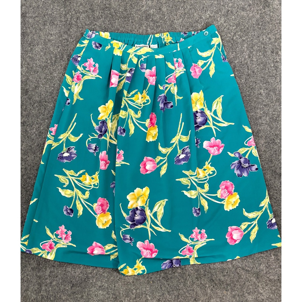 Vtg Alfred Dunner Floral Midi Skirt Womens Sz 16 Teal Pink Yellow Elastic‎ Waist